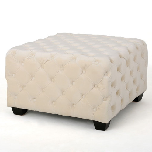 Modern Glam Ottoman With Velvet Upholstery And Button Tufted Design - Ivory Modern Glam Ottoman With Velvet Upholstery And Button Tufted Design - Ivory