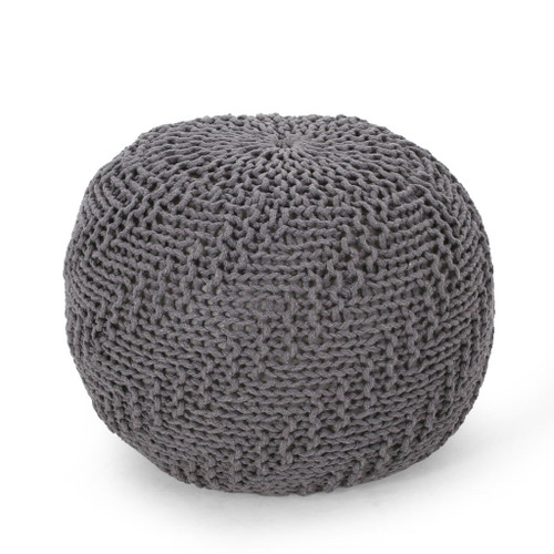 Hazel - Modern Knitted Cotton Yarn Round Pouf With Eco Friendly Pet Fibers - Dark Gray Hazel - Modern Knitted Cotton Yarn Round Pouf With Eco Friendly Pet Fibers - Dark Gray