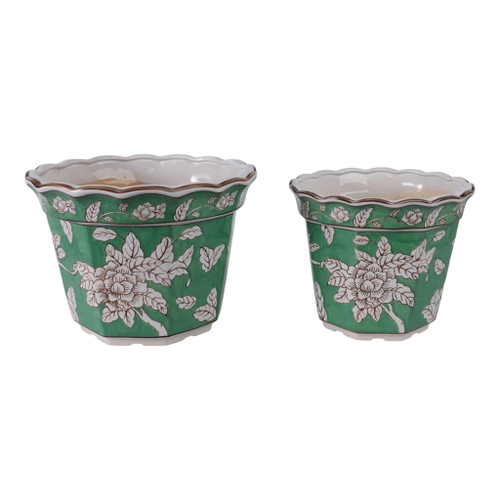 10" / 12" Bird & Flower Chinoiserie Planters (Set of 2) - Green 10" / 12" Bird & Flower Chinoiserie Planters (Set of 2) - Green