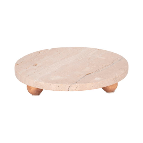 10" Travertine Tray On Wood Ball Feet - Tan