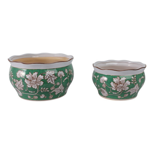 10" / 12" Chinoiserie Vines Planters (Set of 2) - Green 10" / 12" Chinoiserie Vines Planters (Set of 2) - Green