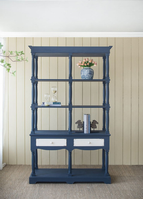 4 Tiered Wooden Shelf With Two Drawers, Farmhouse Wood Bookcase Display Storage Shelf Etageres - Antique Navy Blue 4 Tiered Wooden Shelf With Two Drawers, Farmhouse Wood Bookcase Display Storage Shelf Etageres - Antique Navy Blue