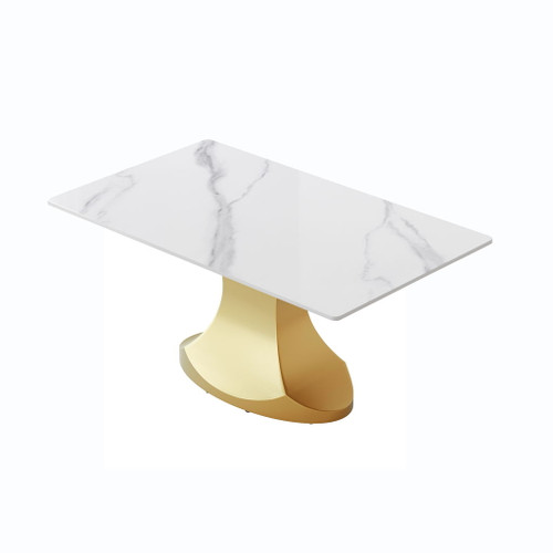 63" Modern Artificial Stone Panel Golden Stainless Steel Curved Legs, Can Accommodate 6-8 People - White / Gold 63" Modern Artificial Stone Panel Golden Stainless Steel Curved Legs, Can Accommodate 6-8 People - White / Gold