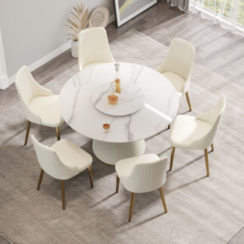 Modern Artificial Stone Round Plywood Base Dining Table, Can Accommodate 6 People, Artificial Stone Turntable (Not Including Chairs) - White / Beige