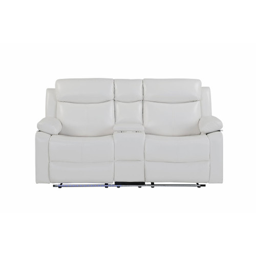 Blanche - Console Reclining Loveseat With LED Lights, Pillow Top Arms, Manual Recline, 2 Cupholders - White Blanche - Console Reclining Loveseat With LED Lights, Pillow Top Arms, Manual Recline, 2 Cupholders - White