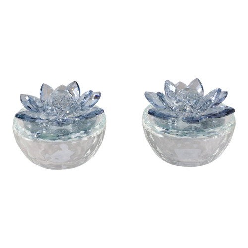 Glass Trinket Box With Lotus Top (Set of 2) - Clear / Light Blue Glass Trinket Box With Lotus Top (Set of 2) - Clear / Light Blue