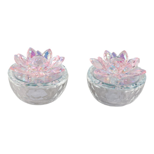 Glass Trinket Box With Lotus Top (Set of 2) - Clear / Blush Glass Trinket Box With Lotus Top (Set of 2) - Clear / Blush