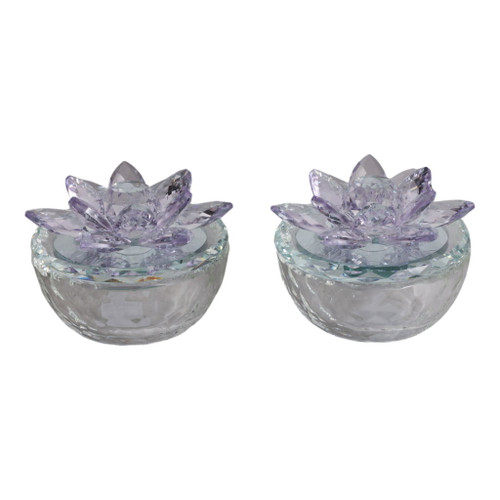 Glass Trinket Box With Lotus Top (Set of 2) - Clear / Purple Glass Trinket Box With Lotus Top (Set of 2) - Clear / Purple