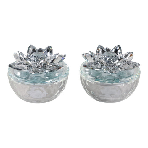 Glass Trinket Box With Lotus Top (Set of 2) - Clear / Silver Glass Trinket Box With Lotus Top (Set of 2) - Clear / Silver