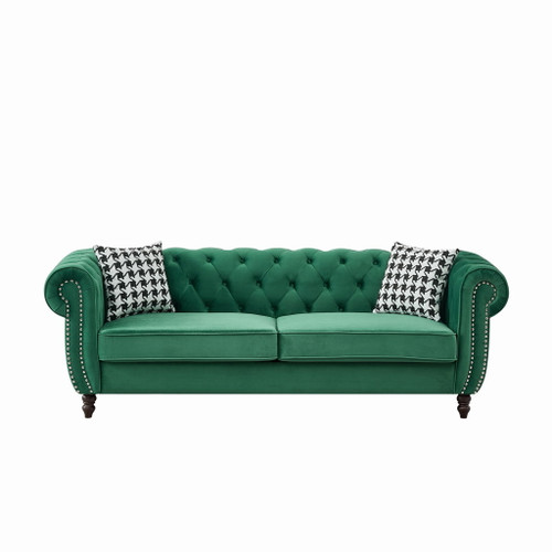 Mid Century Chesterfield Velvet Fabric Sofa With Roll Armrest & Nailhead, Green, 87 Inches Mid Century Chesterfield Velvet Fabric Sofa With Roll Armrest & Nailhead, Green, 87 Inches