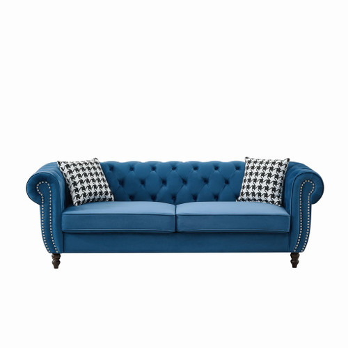 Mid Century Chesterfield Velvet Fabric Sofa With Roll Armrest & Nailhead, Blue, 87 Inches Mid Century Chesterfield Velvet Fabric Sofa With Roll Armrest & Nailhead, Blue, 87 Inches