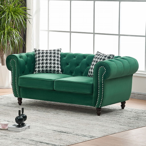 Chesterfield Velvet Fabric Sofa With Roll Armrest And Nailhead, Mid Century 2 Seater Couch
