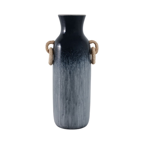 24" Vase With Rattan Handles Reactive Finish - Blue