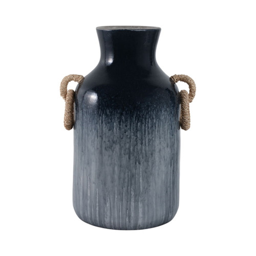 18" Vase With Rattan Handles Reactive Finish - Blue