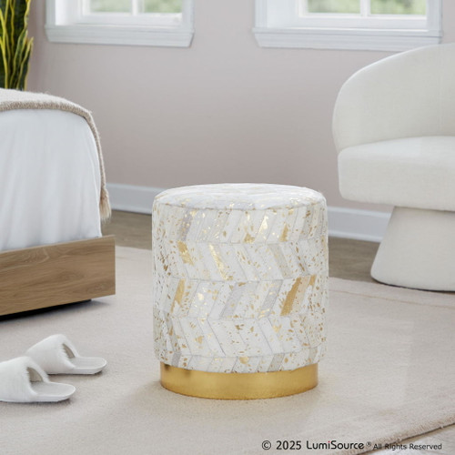 Oro - Ottoman - Gold Metal, Ivory Leather, Gold Splatter