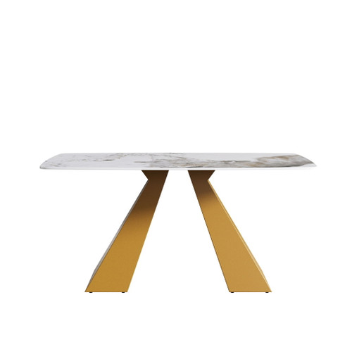 63" Modern Artificial Stone Pandora White Curved Metal Leg Dining Table, 6 People - Antique White / Gold 63" Modern Artificial Stone Pandora White Curved Metal Leg Dining Table, 6 People - Antique White / Gold