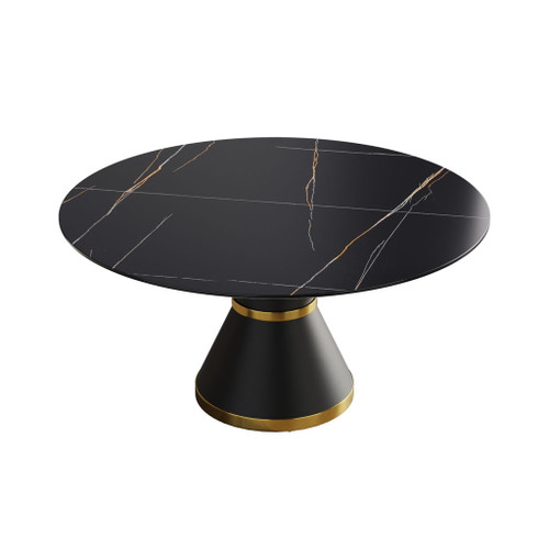 59.05" Modern Artificial Stone Round Black Carbon Steel Base Dining Table, Can Accommodate 6 People - Black 59.05" Modern Artificial Stone Round Black Carbon Steel Base Dining Table, Can Accommodate 6 People - Black