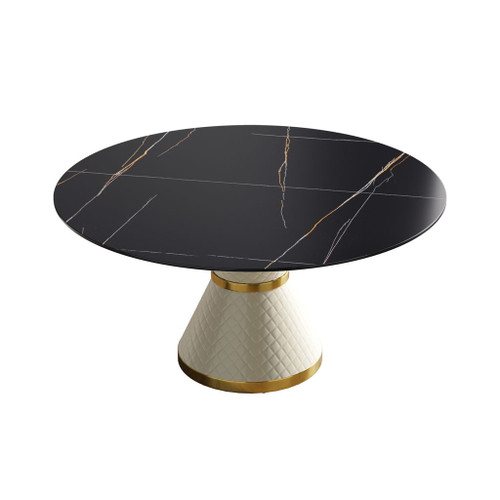 59.05" Modern Artificial Stone Round Carbon Steel Base Dining Table, Can Accommodate 6 People - Black / White 59.05" Modern Artificial Stone Round Carbon Steel Base Dining Table, Can Accommodate 6 People - Black / White