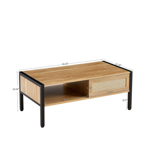 40.16" Rattan Coffee Table, Sliding Door For Storage, Metal Legs, Modern Table For Living Room 40.16" Rattan Coffee Table, Sliding Door For Storage, Metal Legs, Modern Table For Living Room