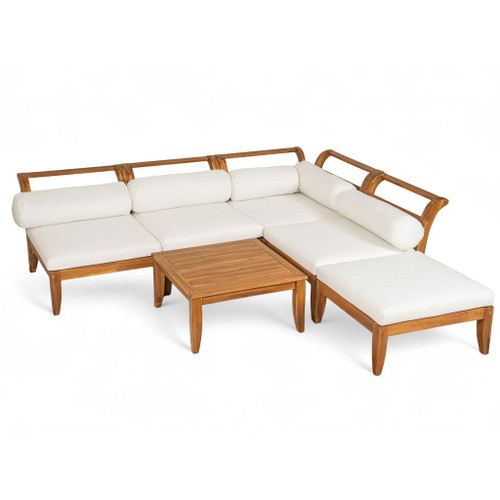 6 Piece Patio Sofa Set, Acacia Wood Outdoor Modular Sectional Garden Furniture Set L Shaped Conversation Set, Convertible Daybed With Tea Table, Ottoman, 5 Cushions And Pillows - Teak / Beige 6 Piece Patio Sofa Set, Acacia Wood Outdoor Modular Sectional Garden Furniture Set L Shaped Conversation Set, Convertible Daybed With Tea Table, Ottoman, 5 Cushions And Pillows - Teak / Beige