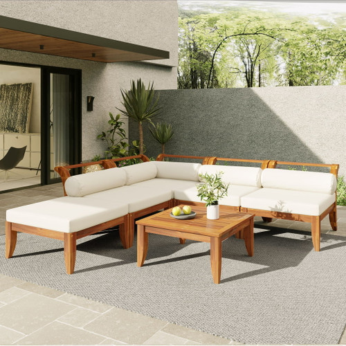 6 Piece Patio Sofa Set, Acacia Wood Outdoor Modular Sectional Garden Furniture Set L Shaped Conversation Set, Convertible Daybed With Tea Table, Ottoman, 5 Cushions And Pillows - Teak / Beige
