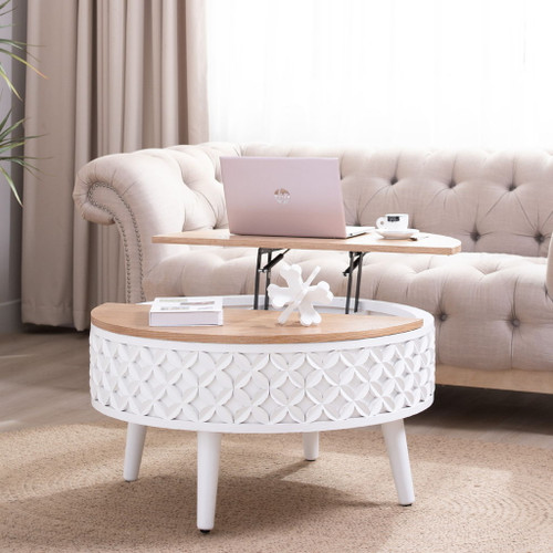 Round Coffee Table With Storage - White / Light Oak