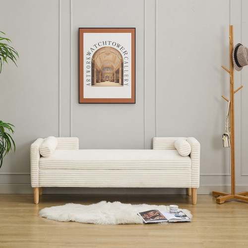 Wide Storage Soft Bench With Armrests, Backrest And Two Bolster Pillows