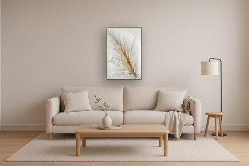 Hand Painted Textured Canvas With Foil In Frame Feather In Gold - Gold