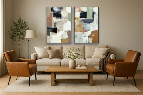 32x47 Hand Painted Textured Canvas in Frame (Set of 2) - Beige