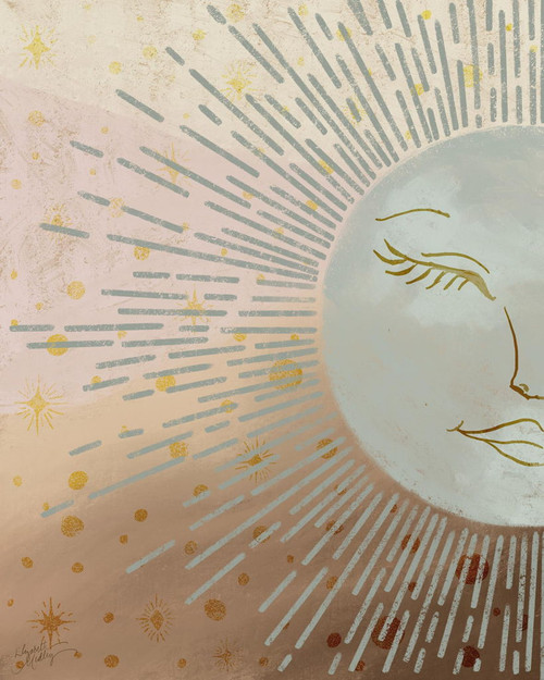 Celestial Blue Sun By Elizabeth Medley (Framed Small) - Light Brown