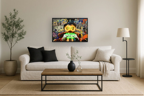 Neon Fortune Fowl - 25" x 37" Framed Wall Art - Black