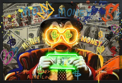 Neon Fortune Fowl - 25" x 37" Framed Wall Art - Black