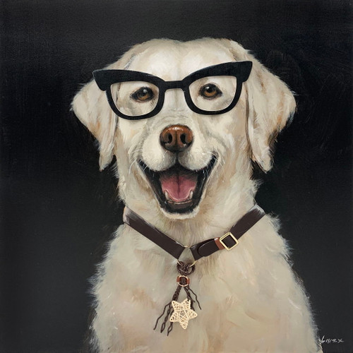 Cheerful Scholar Pup - 25" x 25" Framed Wall Art - Beige