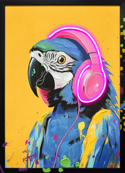 Neon Beats Macaw - 21" x 29" Framed Wall Art