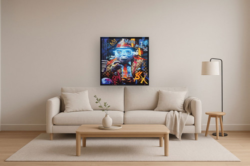 Neon King Simian - 33" x 33" Framed Wall Art - Blue