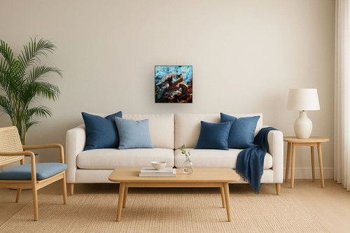 Sapphire Turtle Dive - 21" x 21" Framed Wall Art