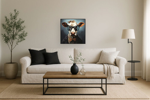 Hipster Bowtie Bovine - 25" x 25" Framed Wall Art - Dark Gray