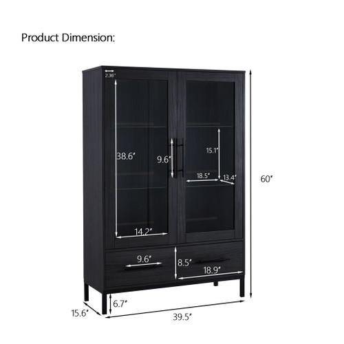 Modern Style Tall Display Cabinet With LED Lighting, Tempered Glass Door, 2 Drawers
