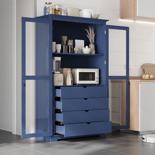 Kitchen Pantry, Freestanding Kitchen Storage Cabinet Display Cabinet With Glass Doors And 4 Built In Drawers For Living Room, Home Office - Blue