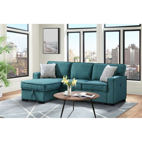 Caracas - Sectional RHF Loveseat With Pull Bed, Dropdown Table, 1 USB & 1 Pillow - Palmer Teal