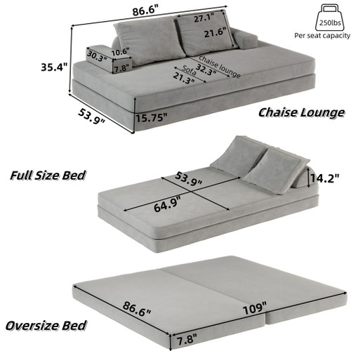 Multifunctional Convertible Sofa Bed With 2 Tumbler Backrests And 2 Pillows, Deep Seat Couch
