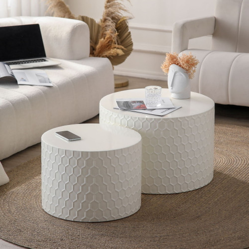 Minimalist Honeycomb Nesting Coffee Table Set, Round Drum Circle Table (Set of 2) - Beige