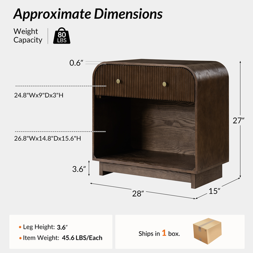 Claude Modern 1-drawer Fluted Curved Nightstand with Charging Station and USB Ports