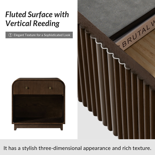 Claude Modern 1-drawer Fluted Curved Nightstand with Charging Station and USB Ports