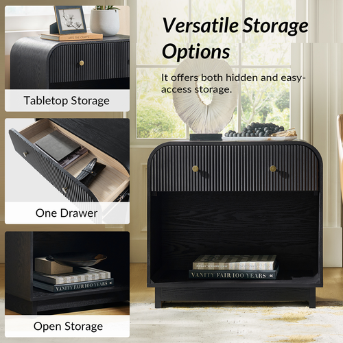 Claude Modern 1-drawer Fluted Curved Nightstand with Charging Station and USB Ports