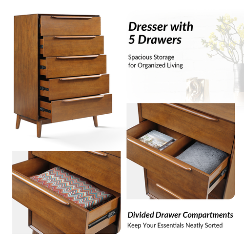 Raimunda 5-Drawer Chest Dresser with Solid Wood Frame