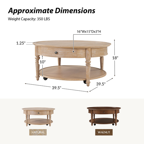 Nikolaus Traditional 1-Drawer Coffee Table with Smooth-rolling Casters and Low Open Shelf