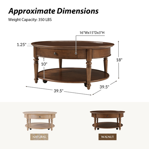 Nikolaus Traditional 1-Drawer Coffee Table with Smooth-rolling Casters and Low Open Shelf