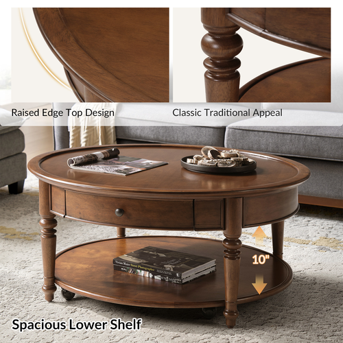 Nikolaus Traditional 1-Drawer Coffee Table with Smooth-rolling Casters and Low Open Shelf