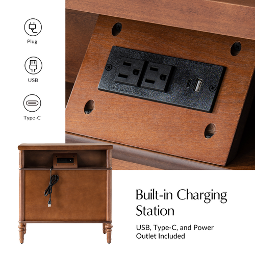 Derk Transitional 28"W 3-Drawer Fluted Solid Nightstand with Built-in Power Outlets